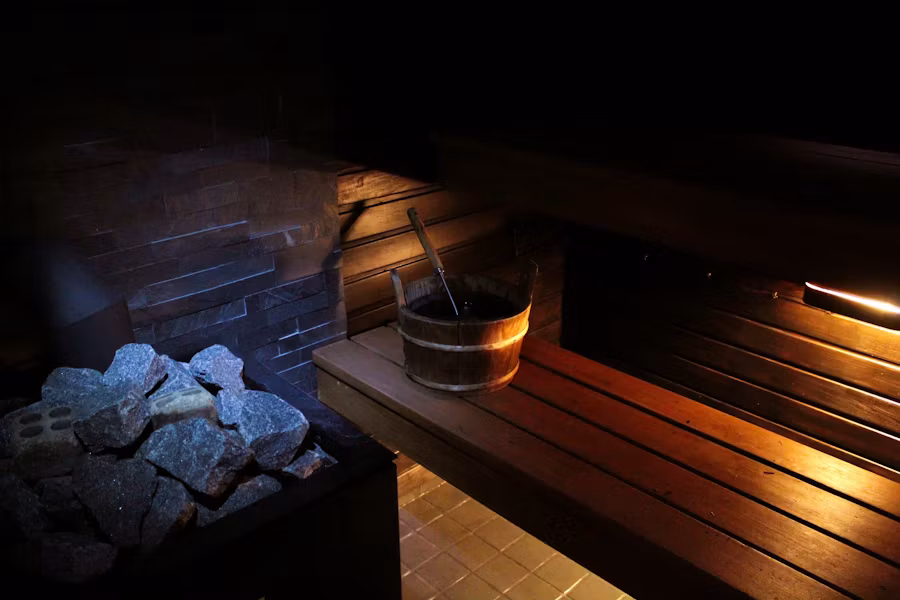 Infrared sauna interior, warm wood, empty